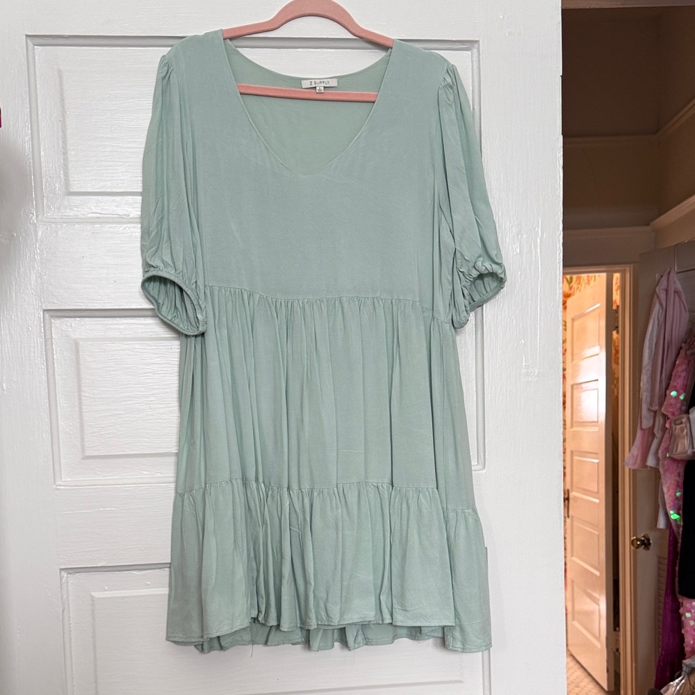 Z Supply Mint Sage V-Neck Tiered Mini Dress